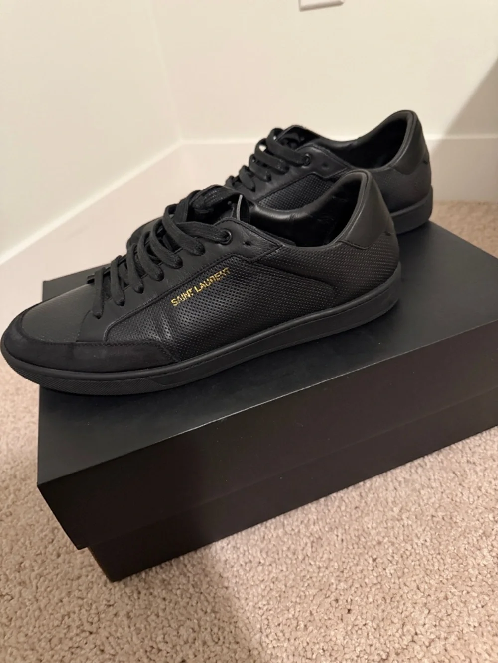 Saint Laurent Black Leather & Suede Low-Top Sneakers with Gold Logo - Picture 3 of 4